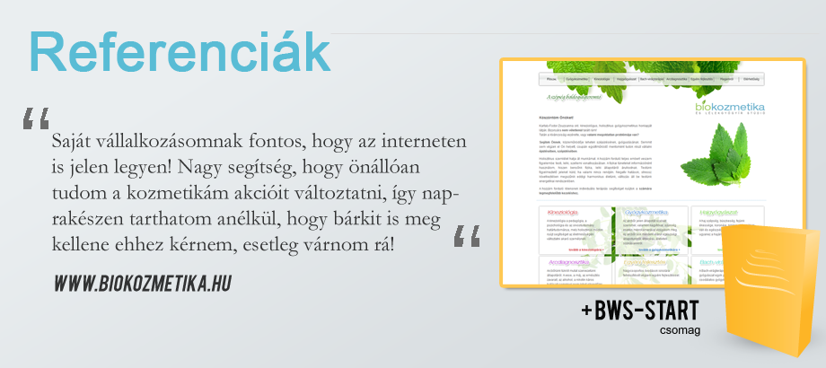 BWS START weboldalkészítés - önállóan szerkeszthető tartalom, egyedi megjelenési sablon, tartalomfeltöltés, ingyenes tárhely és domain fenttartás, korlátlan számú aloldal, ingyenes tárhely és domain név